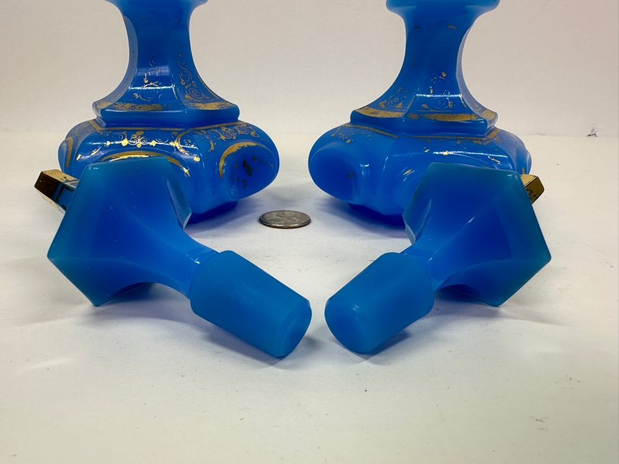 Antique Opaline Glass: Pair Of French Baccarat Blue Perfume Bottles With Stoppers And Gold Decor 6.5'H Client Paid $540 [Photo 6]