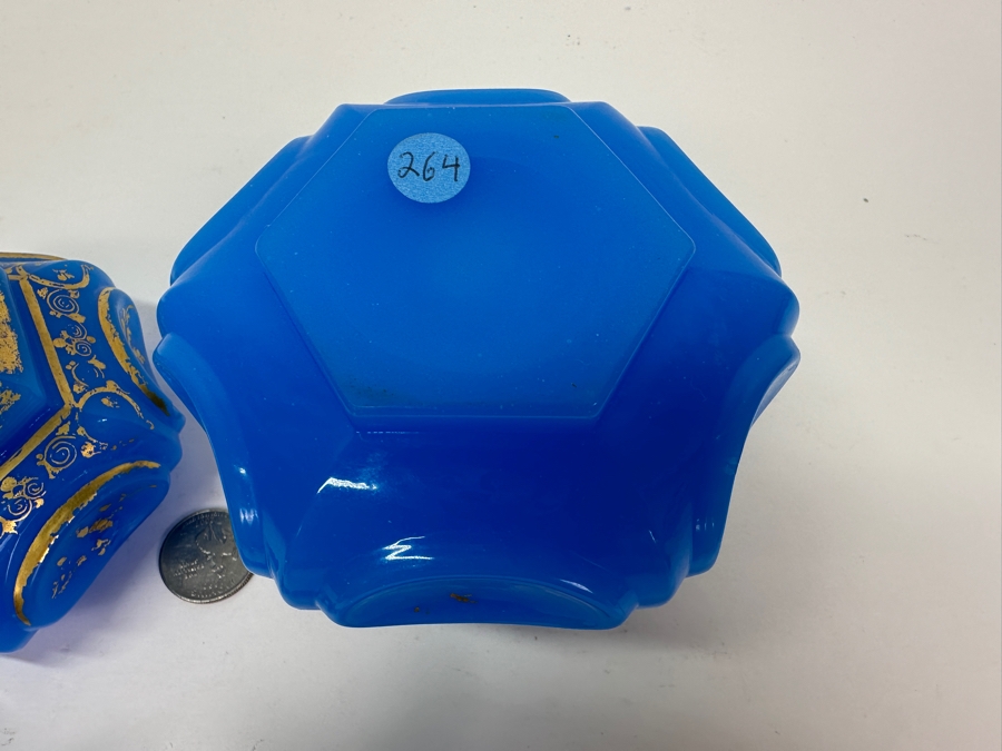 Antique Opaline Glass: Pair Of French Baccarat Blue Perfume Bottles With Stoppers And Gold Decor 6.5'H Client Paid $540 [Photo 7]