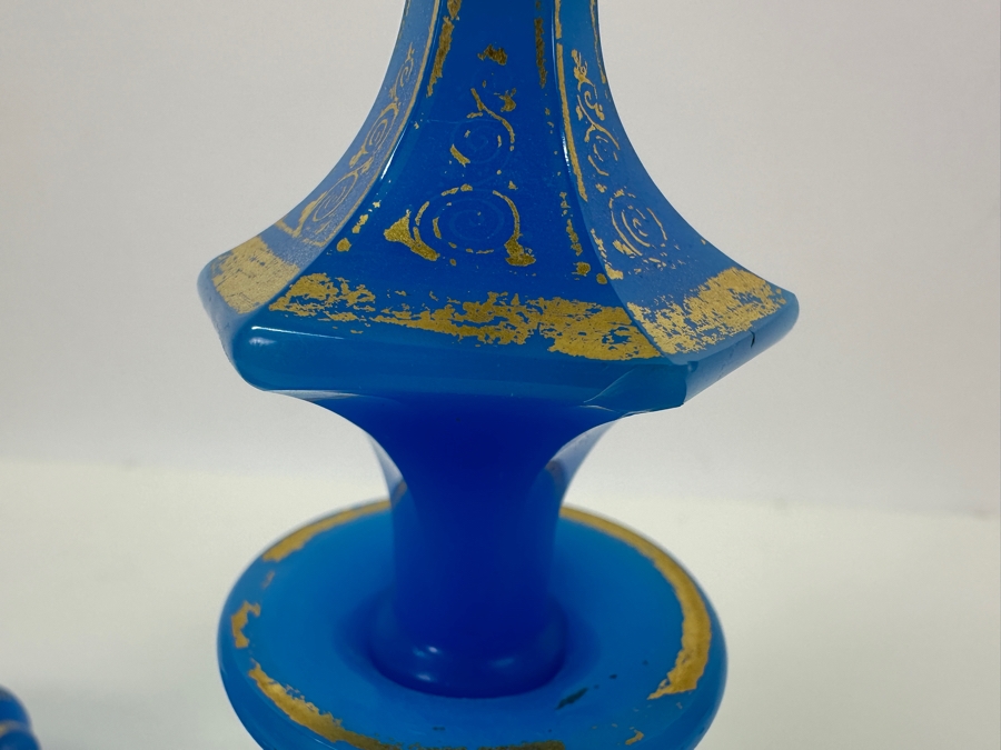 Antique Opaline Glass: Pair Of French Baccarat Blue Perfume Bottles With Stoppers And Gold Decor 6.5'H Client Paid $540 [Photo 5]