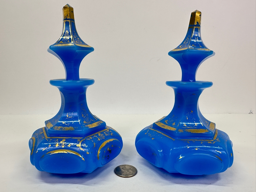 Antique Opaline Glass: Pair Of French Baccarat Blue Perfume Bottles With Stoppers And Gold Decor 6.5'H Client Paid $540 [Photo 2]