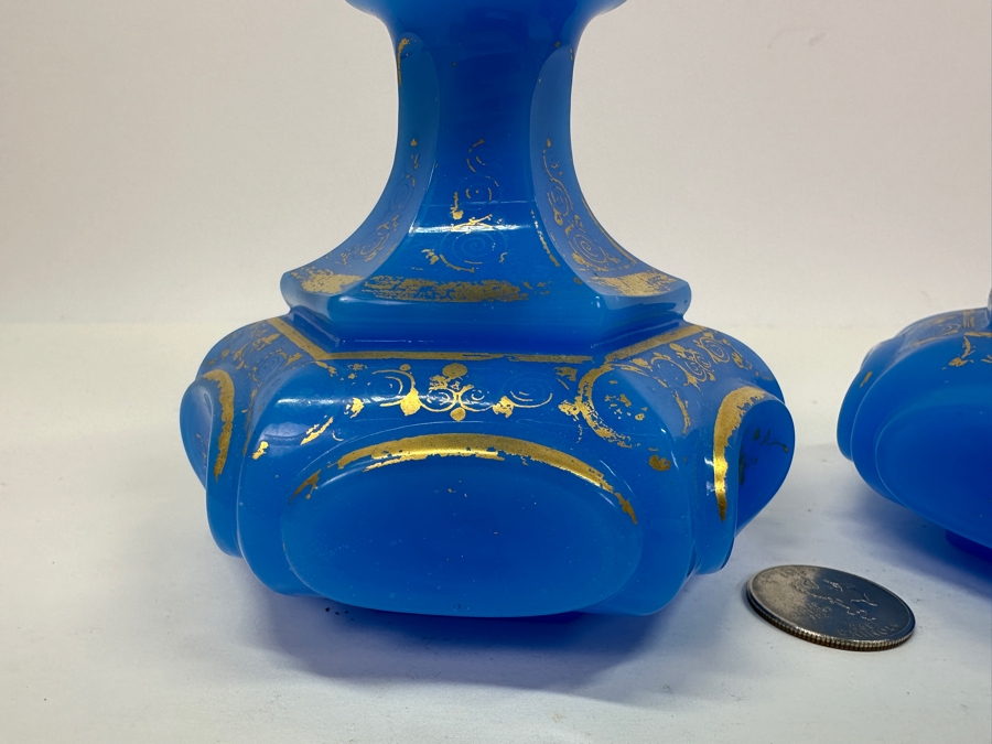 Antique Opaline Glass: Pair Of French Baccarat Blue Perfume Bottles With Stoppers And Gold Decor 6.5'H Client Paid $540 [Photo 4]