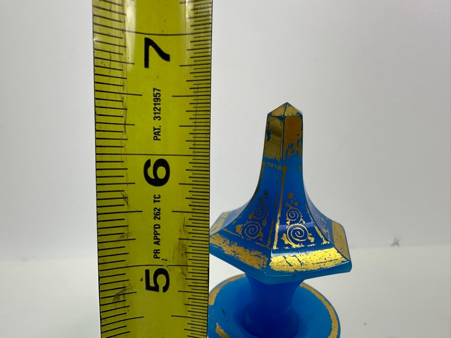 Antique Opaline Glass: Pair Of French Baccarat Blue Perfume Bottles With Stoppers And Gold Decor 6.5'H Client Paid $540 [Photo 8]