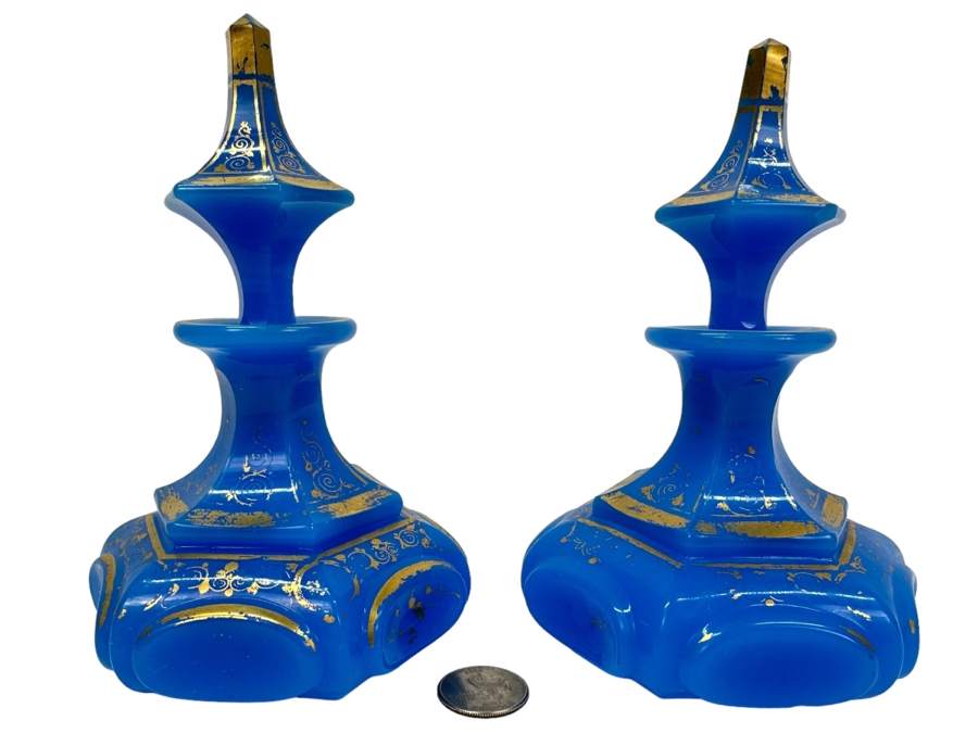 Antique Opaline Glass: Pair Of French Baccarat Blue Perfume Bottles With Stoppers And Gold Decor 6.5'H Client Paid $540