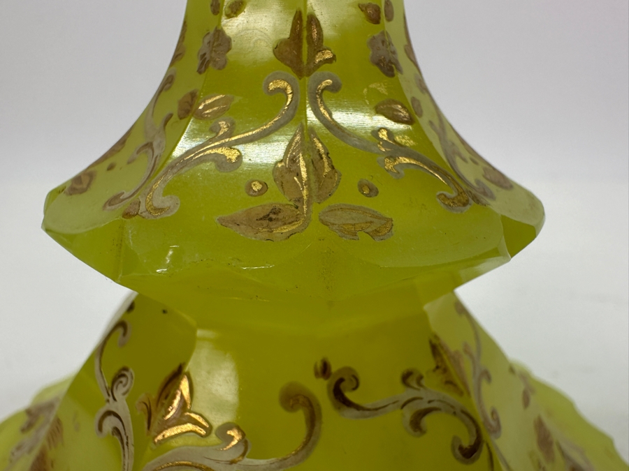 Antique Opaline Glass: Yellowish Green Perfume Bottle With Stopper With Gold & White Decor 6'H [Photo 9]