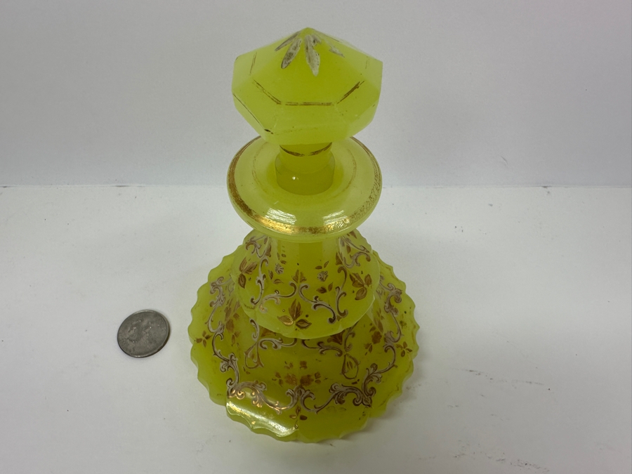 Antique Opaline Glass: Yellowish Green Perfume Bottle With Stopper With Gold & White Decor 6'H [Photo 5]