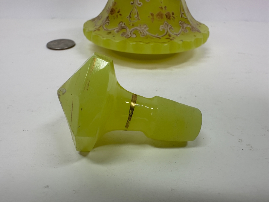 Antique Opaline Glass: Yellowish Green Perfume Bottle With Stopper With Gold & White Decor 6'H [Photo 7]