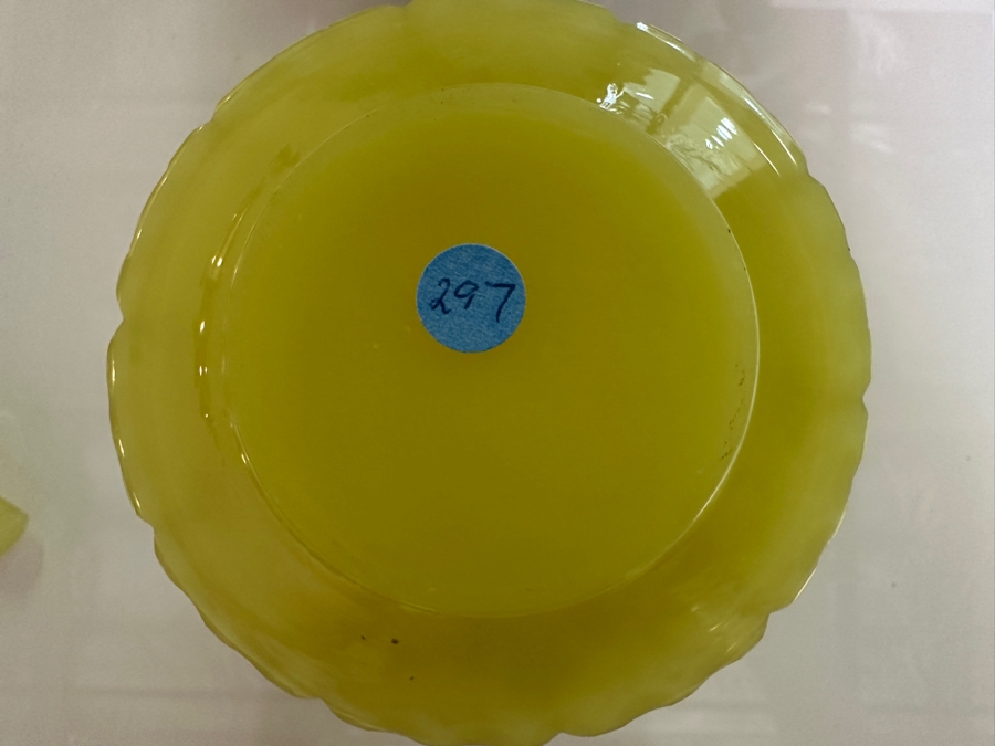 Antique Opaline Glass: Yellowish Green Perfume Bottle With Stopper With Gold & White Decor 6'H [Photo 11]