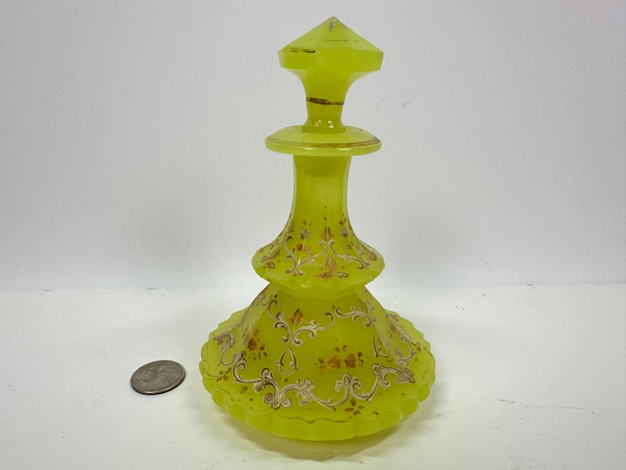 Antique Opaline Glass: Yellowish Green Perfume Bottle With Stopper With Gold & White Decor 6'H [Photo 6]