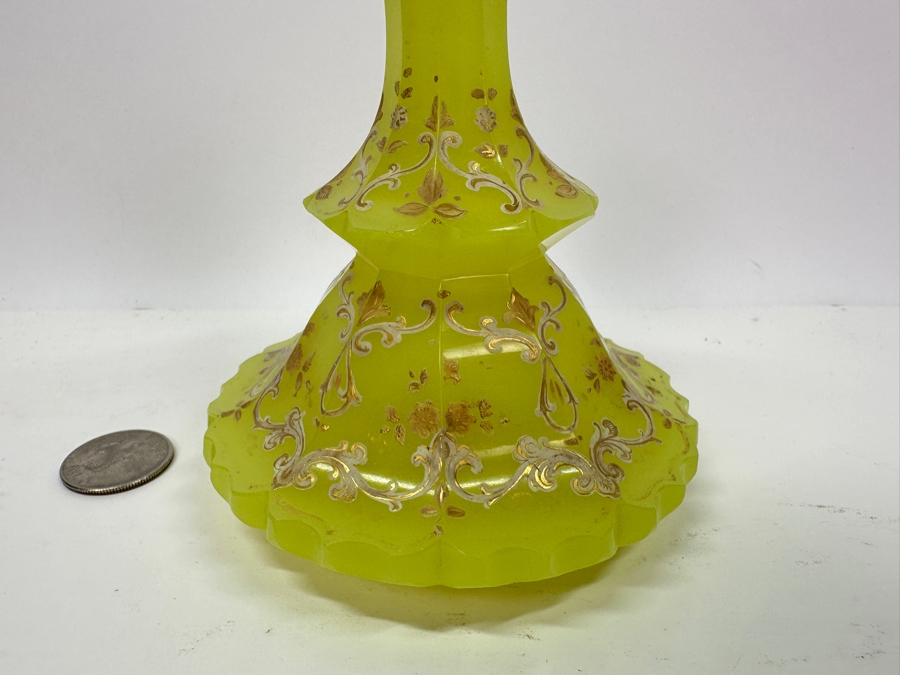 Antique Opaline Glass: Yellowish Green Perfume Bottle With Stopper With Gold & White Decor 6'H [Photo 3]
