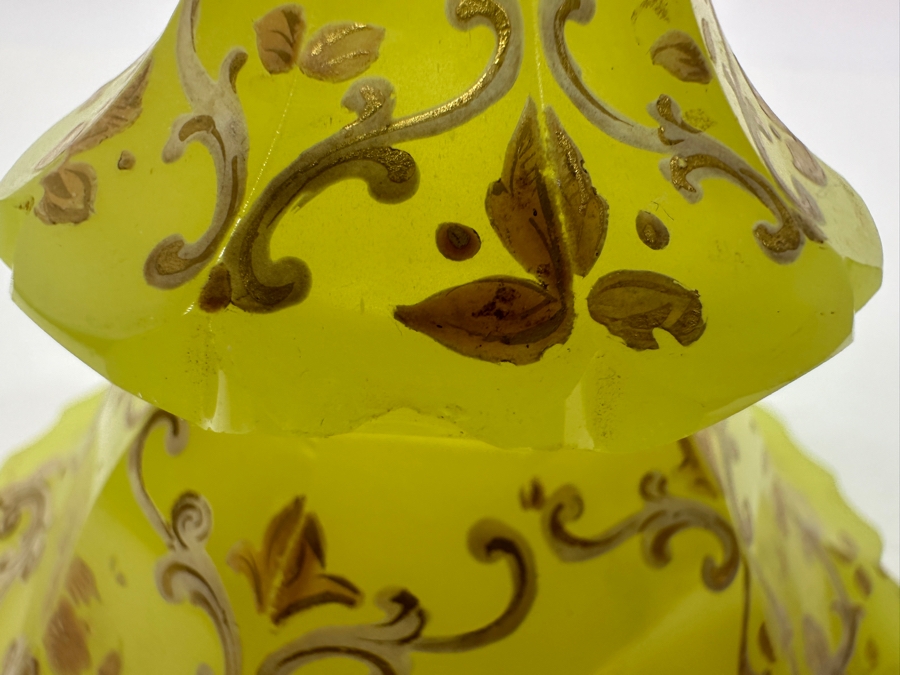 Antique Opaline Glass: Yellowish Green Perfume Bottle With Stopper With Gold & White Decor 6'H [Photo 8]