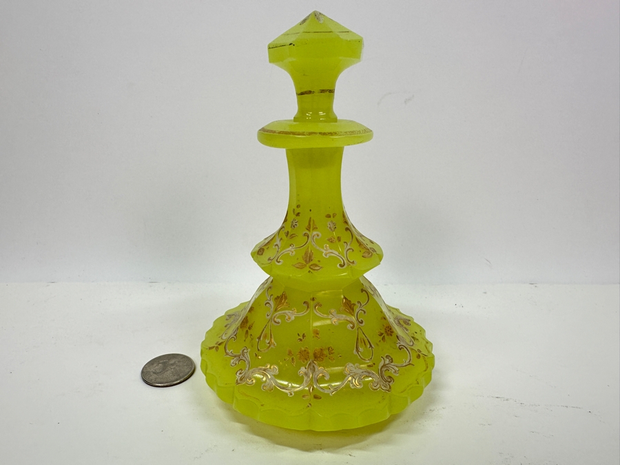 Antique Opaline Glass: Yellowish Green Perfume Bottle With Stopper With Gold & White Decor 6'H [Photo 2]