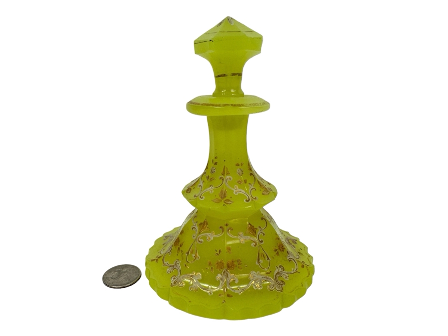 Antique Opaline Glass: Yellowish Green Perfume Bottle With Stopper With Gold & White Decor 6'H