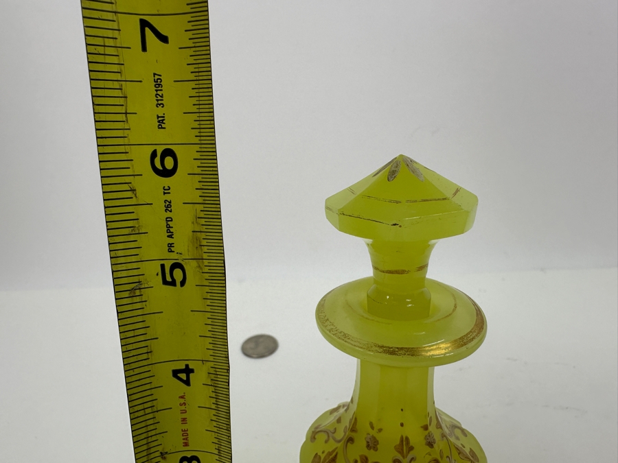 Antique Opaline Glass: Yellowish Green Perfume Bottle With Stopper With Gold & White Decor 6'H [Photo 10]