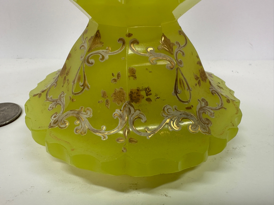 Antique Opaline Glass: Yellowish Green Perfume Bottle With Stopper With Gold & White Decor 6'H [Photo 4]
