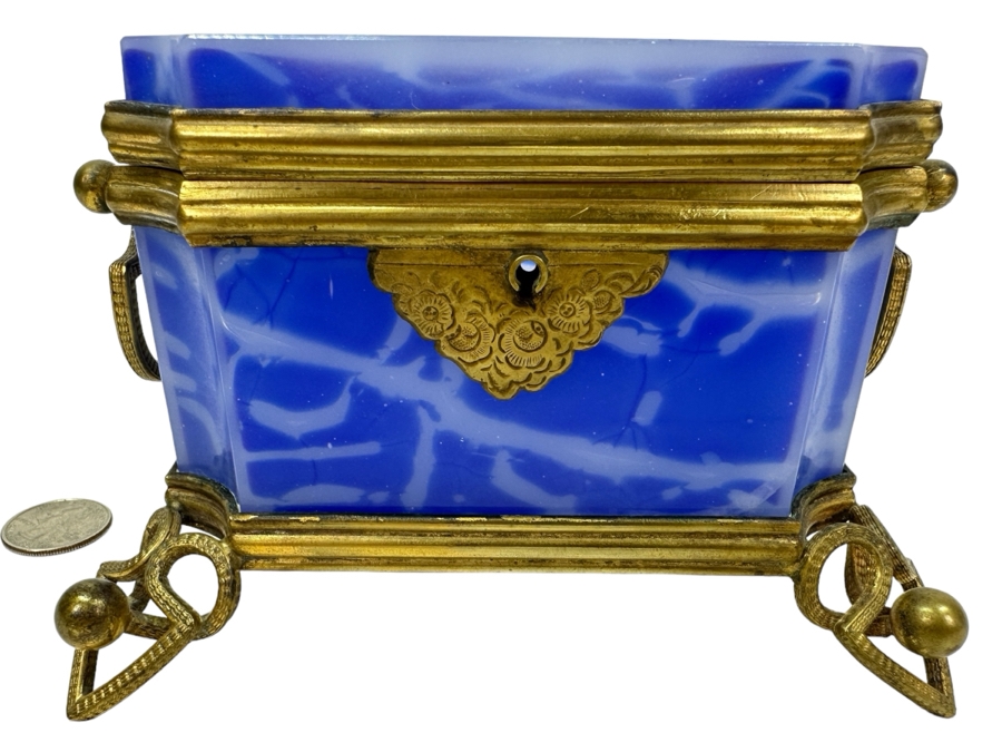 Antique Opaline Glass: Large Blue & White Box England Chip In Top Corner 6'W X 4.5'D X 4'H Client Paid $748