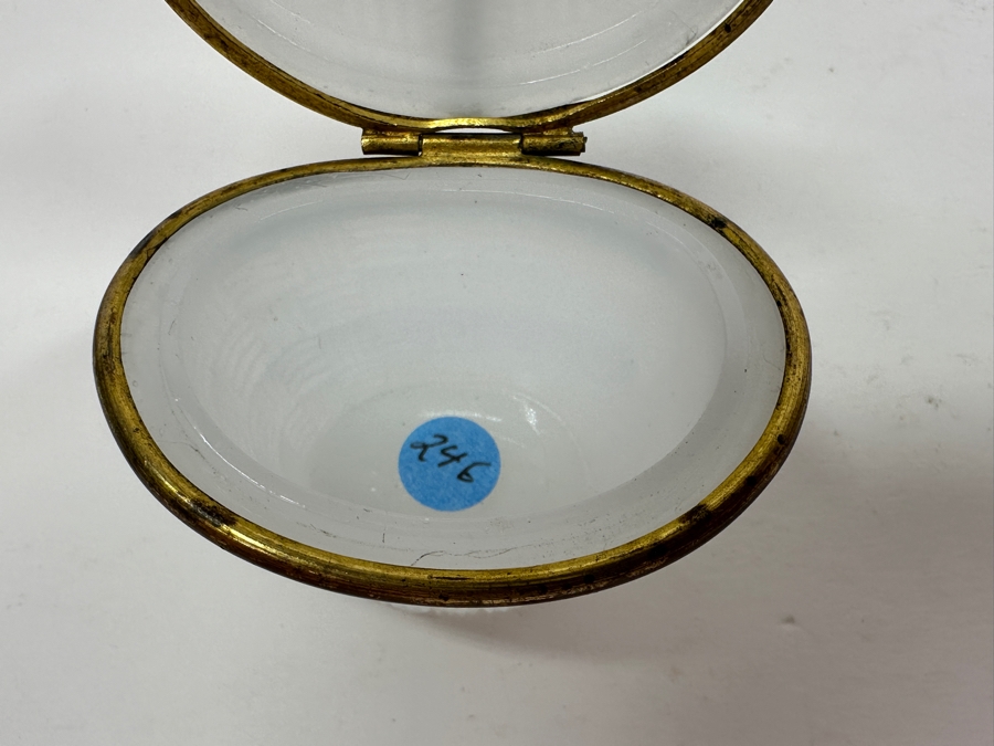 Antique Opaline Glass: Small White Hat Box With Brass Ornamentation Chip In Top 2'H Client Paid $163 [Photo 9]