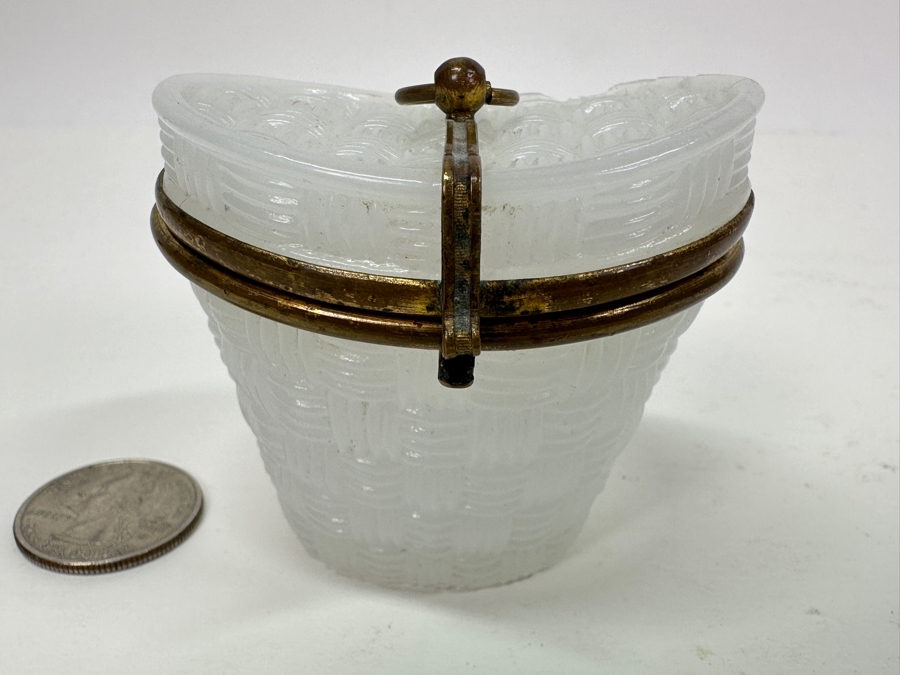 Antique Opaline Glass: Small White Hat Box With Brass Ornamentation Chip In Top 2'H Client Paid $163 [Photo 3]