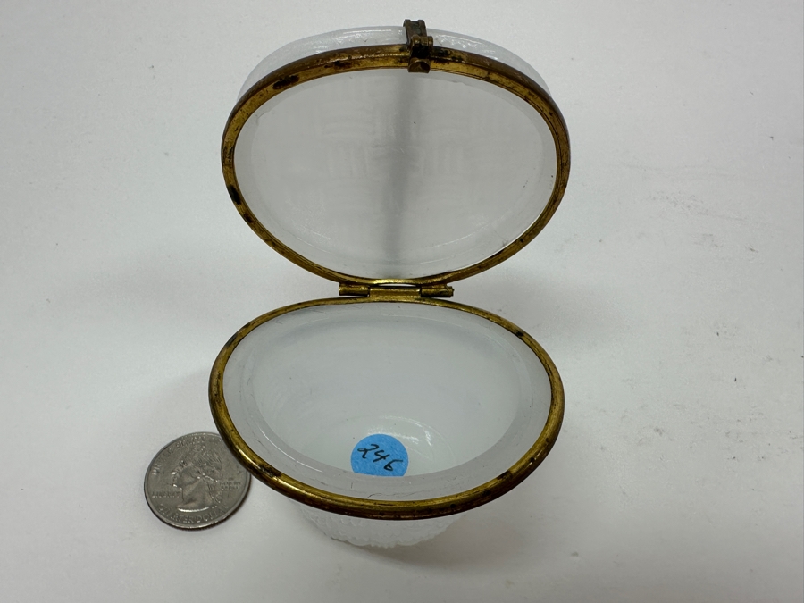 Antique Opaline Glass: Small White Hat Box With Brass Ornamentation Chip In Top 2'H Client Paid $163 [Photo 7]