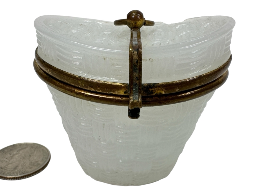Antique Opaline Glass: Small White Hat Box With Brass Ornamentation Chip In Top 2'H Client Paid $163