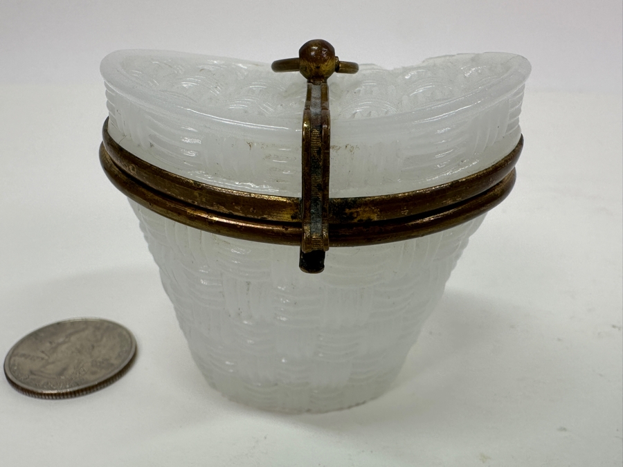 Antique Opaline Glass: Small White Hat Box With Brass Ornamentation Chip In Top 2'H Client Paid $163 [Photo 2]