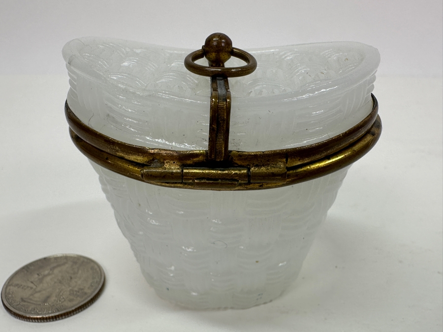 Antique Opaline Glass: Small White Hat Box With Brass Ornamentation Chip In Top 2'H Client Paid $163 [Photo 4]