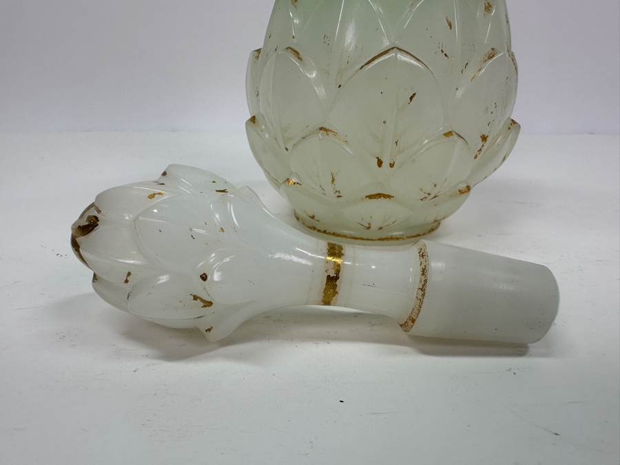 Antique Opaline Glass: White & Green Perfume Bottle With Stopper And Gold Decorations 8.5'H Client Paid $491 [Photo 5]