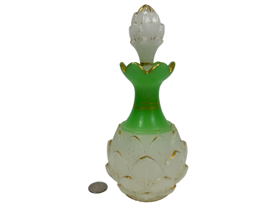 Antique Opaline Glass: White & Green Perfume Bottle With Stopper And Gold Decorations 8.5'H Client Paid $491