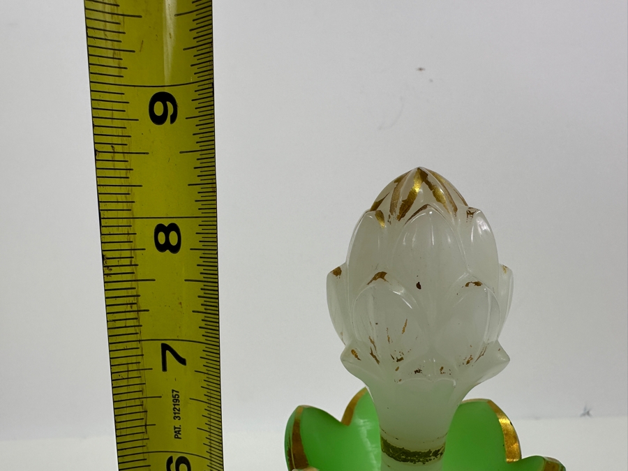 Antique Opaline Glass: White & Green Perfume Bottle With Stopper And Gold Decorations 8.5'H Client Paid $491 [Photo 7]
