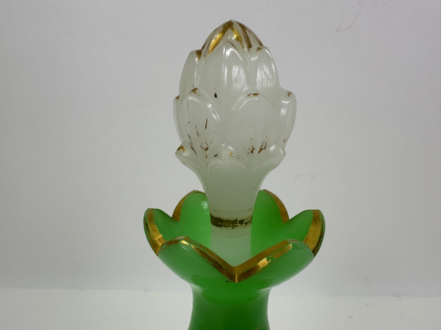 Antique Opaline Glass: White & Green Perfume Bottle With Stopper And Gold Decorations 8.5'H Client Paid $491 [Photo 3]