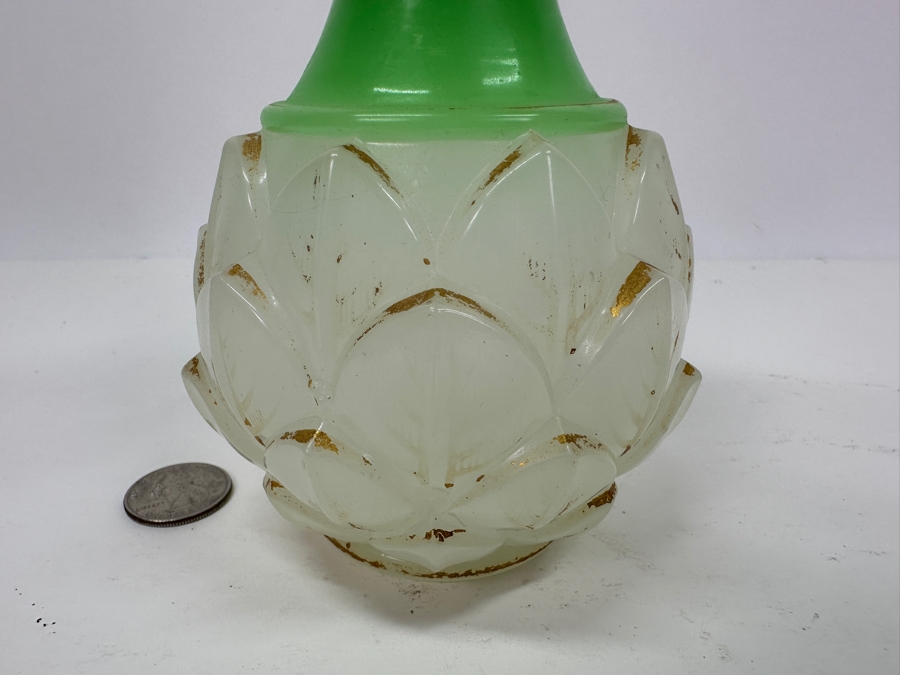 Antique Opaline Glass: White & Green Perfume Bottle With Stopper And Gold Decorations 8.5'H Client Paid $491 [Photo 4]