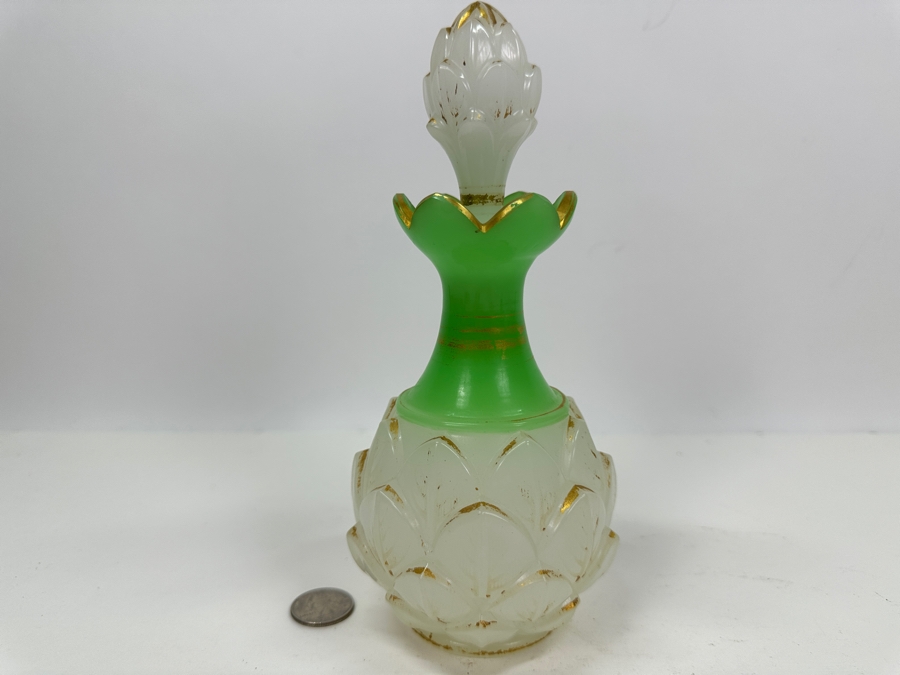 Antique Opaline Glass: White & Green Perfume Bottle With Stopper And Gold Decorations 8.5'H Client Paid $491 [Photo 2]