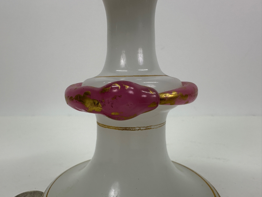 Antique Opaline Glass: White & Pink Perfume Bottle With Mushroom Top Stopper, Gold Decorations And Applied Snake Chips In Stopper 7.5'H Client Paid $370 [Photo 3]