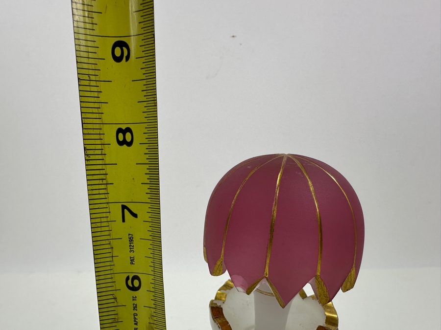 Antique Opaline Glass: White & Pink Perfume Bottle With Mushroom Top Stopper, Gold Decorations And Applied Snake Chips In Stopper 7.5'H Client Paid $370 [Photo 12]