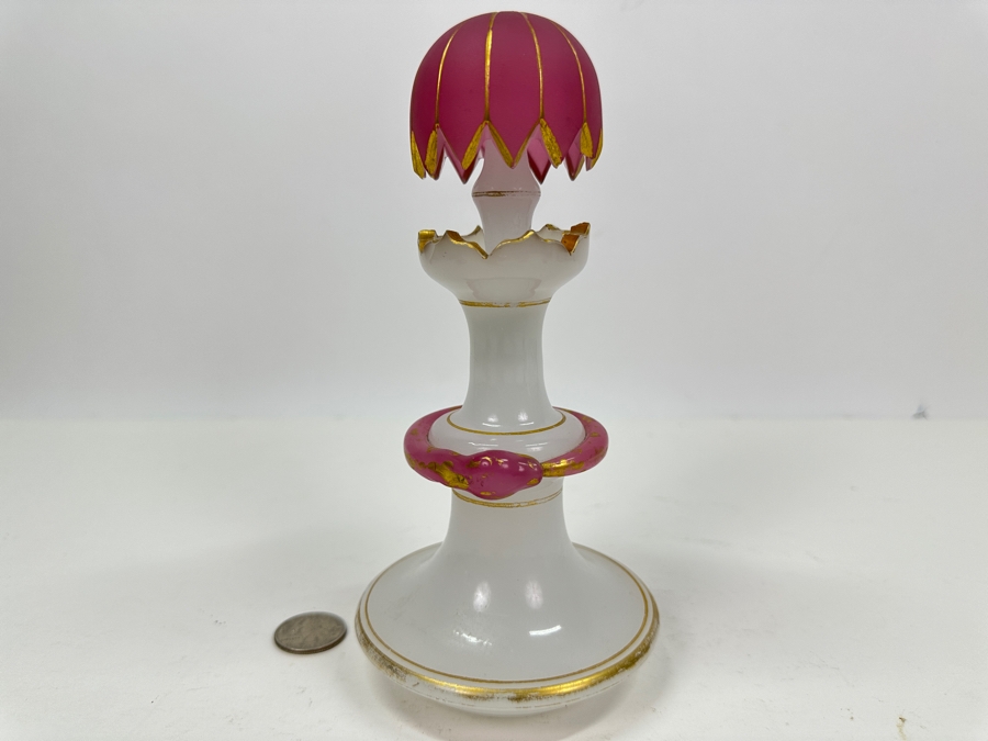 Antique Opaline Glass: White & Pink Perfume Bottle With Mushroom Top Stopper, Gold Decorations And Applied Snake Chips In Stopper 7.5'H Client Paid $370 [Photo 2]
