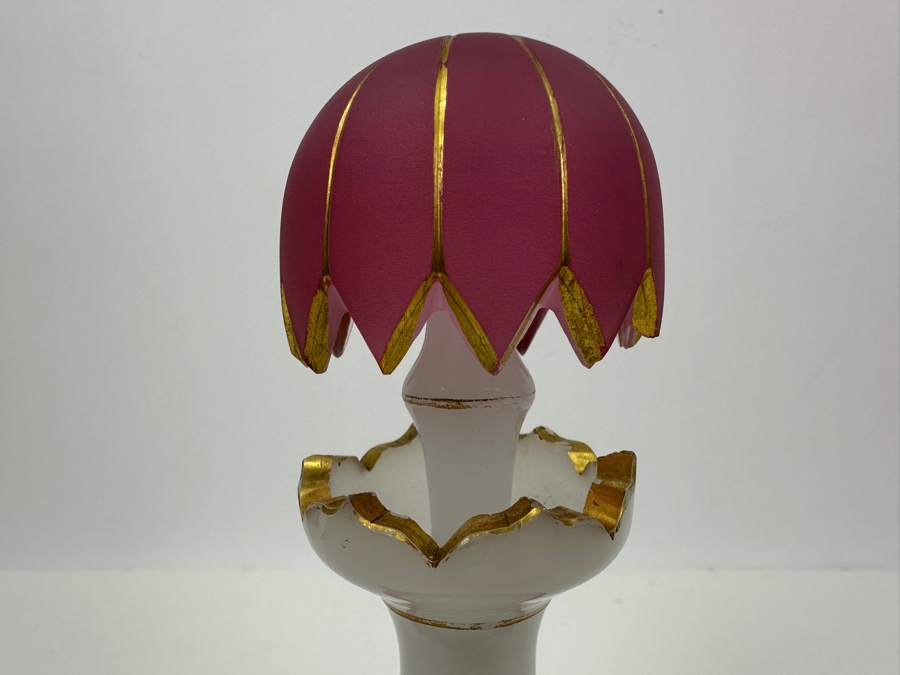 Antique Opaline Glass: White & Pink Perfume Bottle With Mushroom Top Stopper, Gold Decorations And Applied Snake Chips In Stopper 7.5'H Client Paid $370 [Photo 4]