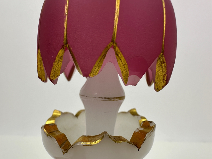 Antique Opaline Glass: White & Pink Perfume Bottle With Mushroom Top Stopper, Gold Decorations And Applied Snake Chips In Stopper 7.5'H Client Paid $370 [Photo 7]