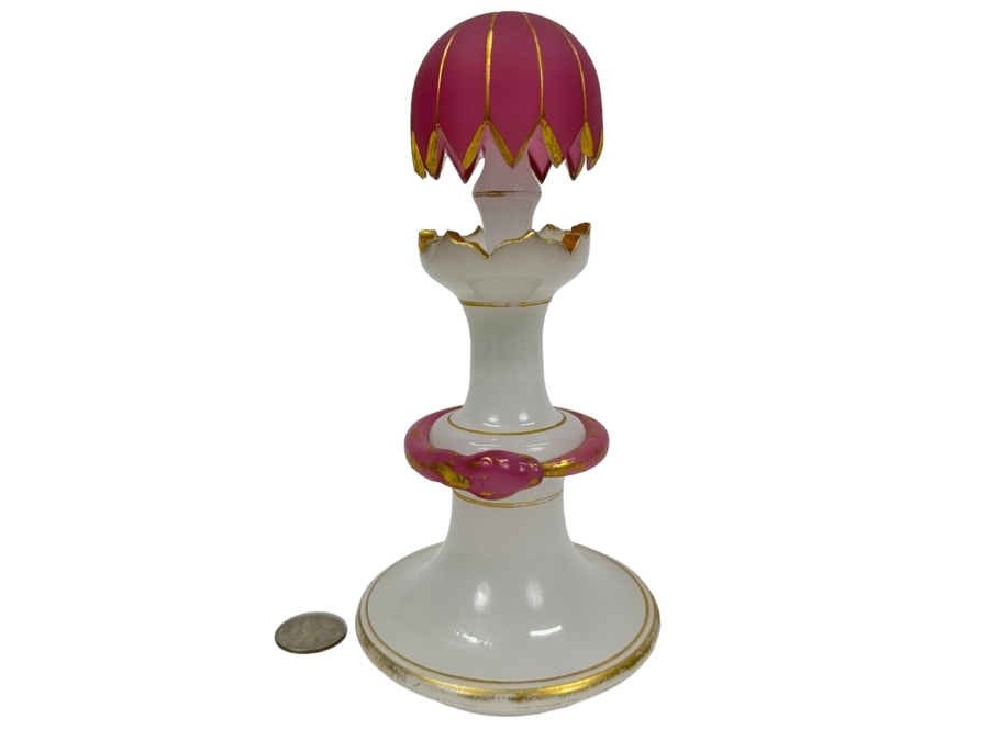 Antique Opaline Glass: White & Pink Perfume Bottle With Mushroom Top Stopper, Gold Decorations And Applied Snake Chips In Stopper 7.5'H Client Paid $370