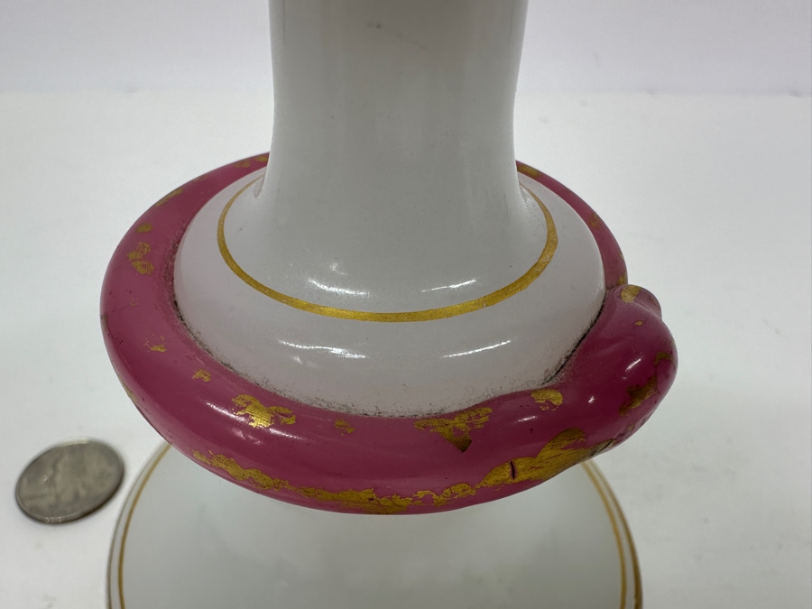 Antique Opaline Glass: White & Pink Perfume Bottle With Mushroom Top Stopper, Gold Decorations And Applied Snake Chips In Stopper 7.5'H Client Paid $370 [Photo 8]