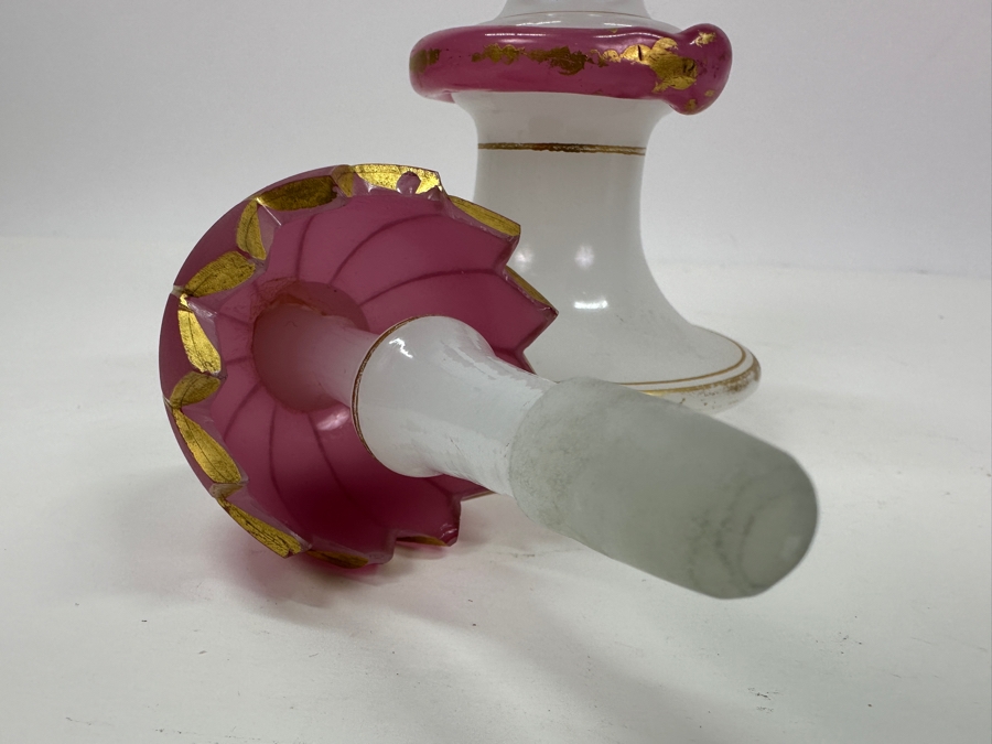 Antique Opaline Glass: White & Pink Perfume Bottle With Mushroom Top Stopper, Gold Decorations And Applied Snake Chips In Stopper 7.5'H Client Paid $370 [Photo 9]