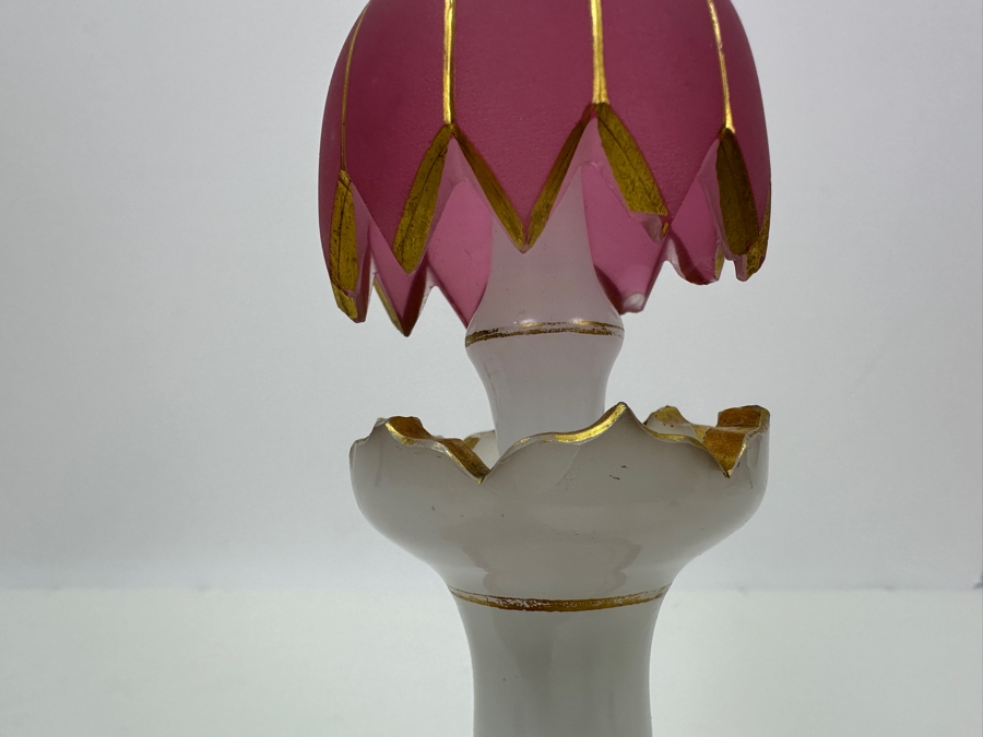 Antique Opaline Glass: White & Pink Perfume Bottle With Mushroom Top Stopper, Gold Decorations And Applied Snake Chips In Stopper 7.5'H Client Paid $370 [Photo 5]