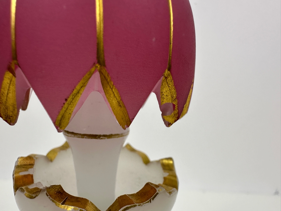 Antique Opaline Glass: White & Pink Perfume Bottle With Mushroom Top Stopper, Gold Decorations And Applied Snake Chips In Stopper 7.5'H Client Paid $370 [Photo 6]