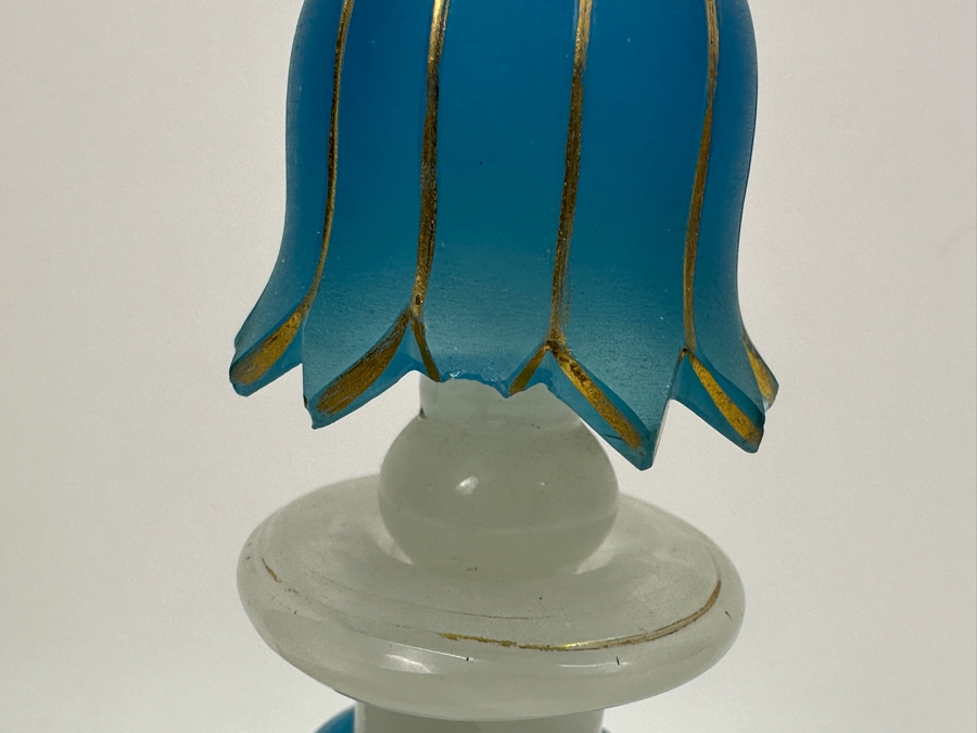 Antique Opaline Glass: White & Blue Perfume Bottle With Mushroom Top Stopper, Gold Decorations And Applied Snake Chips In Stopper 6'H Appraised $225 [Photo 7]