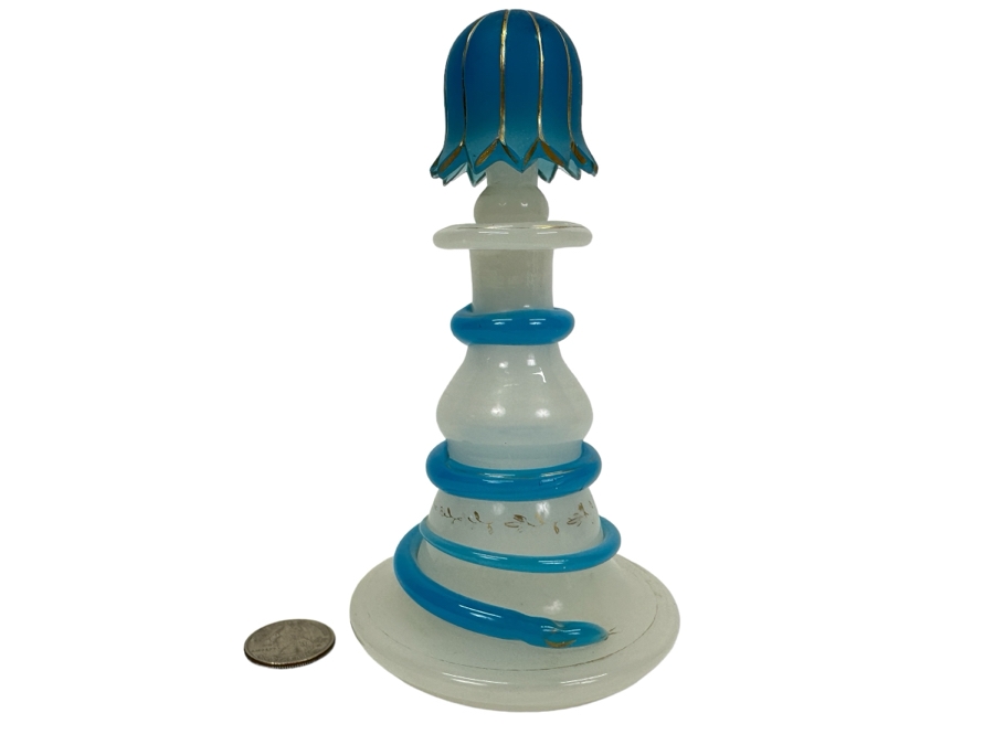 Antique Opaline Glass: White & Blue Perfume Bottle With Mushroom Top Stopper, Gold Decorations And Applied Snake Chips In Stopper 6'H Appraised $225