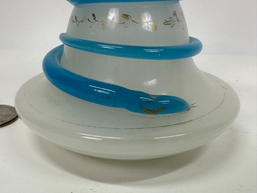 Antique Opaline Glass: White & Blue Perfume Bottle With Mushroom Top Stopper, Gold Decorations And Applied Snake Chips In Stopper 6'H Appraised $225 [Photo 3]