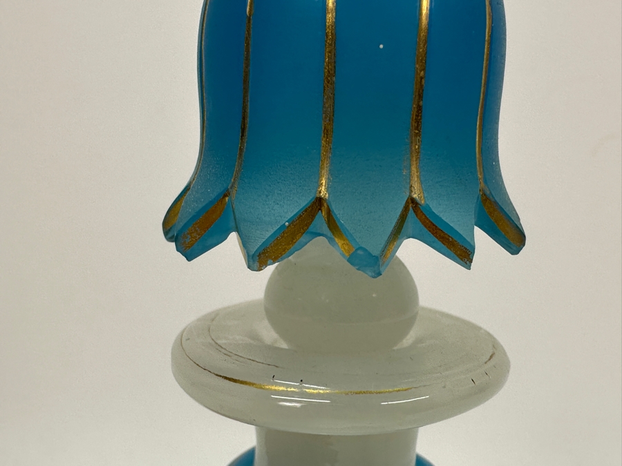 Antique Opaline Glass: White & Blue Perfume Bottle With Mushroom Top Stopper, Gold Decorations And Applied Snake Chips In Stopper 6'H Appraised $225 [Photo 6]