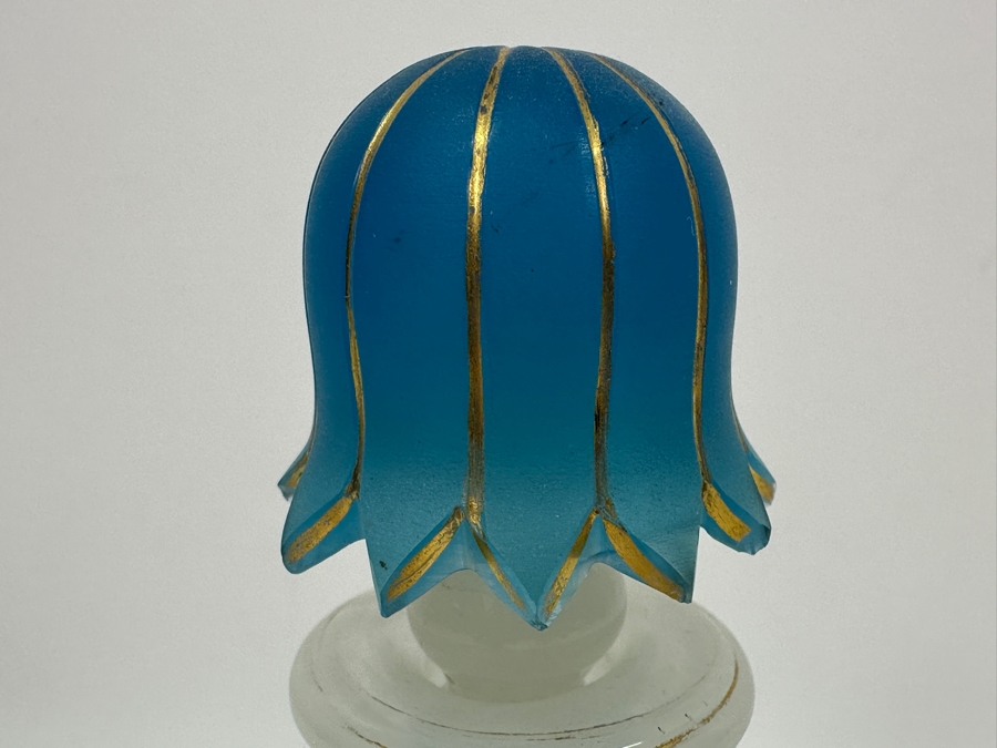 Antique Opaline Glass: White & Blue Perfume Bottle With Mushroom Top Stopper, Gold Decorations And Applied Snake Chips In Stopper 6'H Appraised $225 [Photo 5]