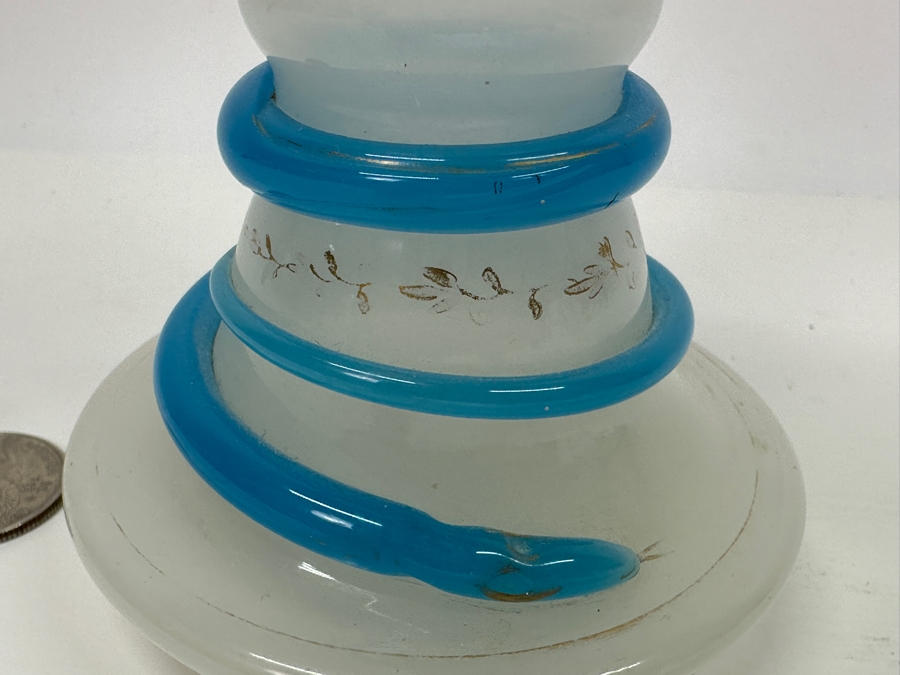Antique Opaline Glass: White & Blue Perfume Bottle With Mushroom Top Stopper, Gold Decorations And Applied Snake Chips In Stopper 6'H Appraised $225 [Photo 4]