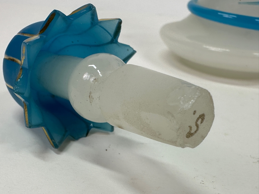 Antique Opaline Glass: White & Blue Perfume Bottle With Mushroom Top Stopper, Gold Decorations And Applied Snake Chips In Stopper 6'H Appraised $225 [Photo 9]