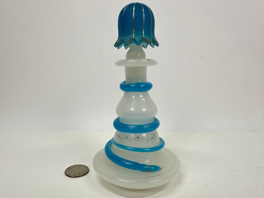 Antique Opaline Glass: White & Blue Perfume Bottle With Mushroom Top Stopper, Gold Decorations And Applied Snake Chips In Stopper 6'H Appraised $225 [Photo 2]