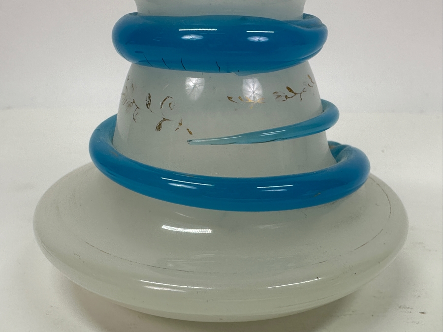 Antique Opaline Glass: White & Blue Perfume Bottle With Mushroom Top Stopper, Gold Decorations And Applied Snake Chips In Stopper 6'H Appraised $225 [Photo 8]